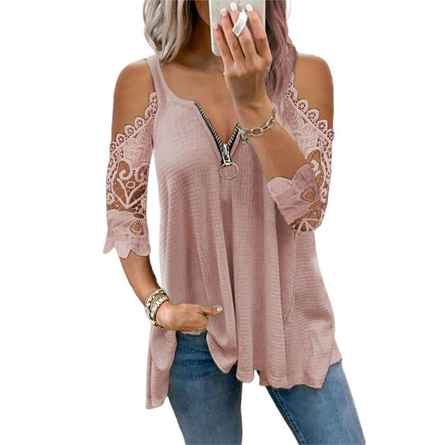 Innerwin Tee-Shirt Uni pour Femmes T-shirt de Vacances Manches Mi-Longues Froncé T-shirt Rose 3TG
