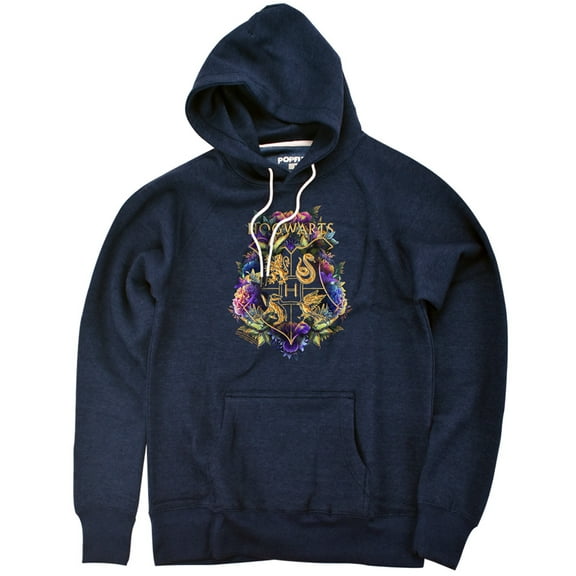 Harry Potter Hogwarts Floral Crest Unisex Adult Slim Fit Pull-Over Heather Hoodie, Navy, Small