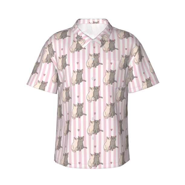 Balery Heart Cat Camisas hawaianas de manga corta para hombre, camisas playeras de corte holgado, camisas de vacaciones con botones,XX-Large