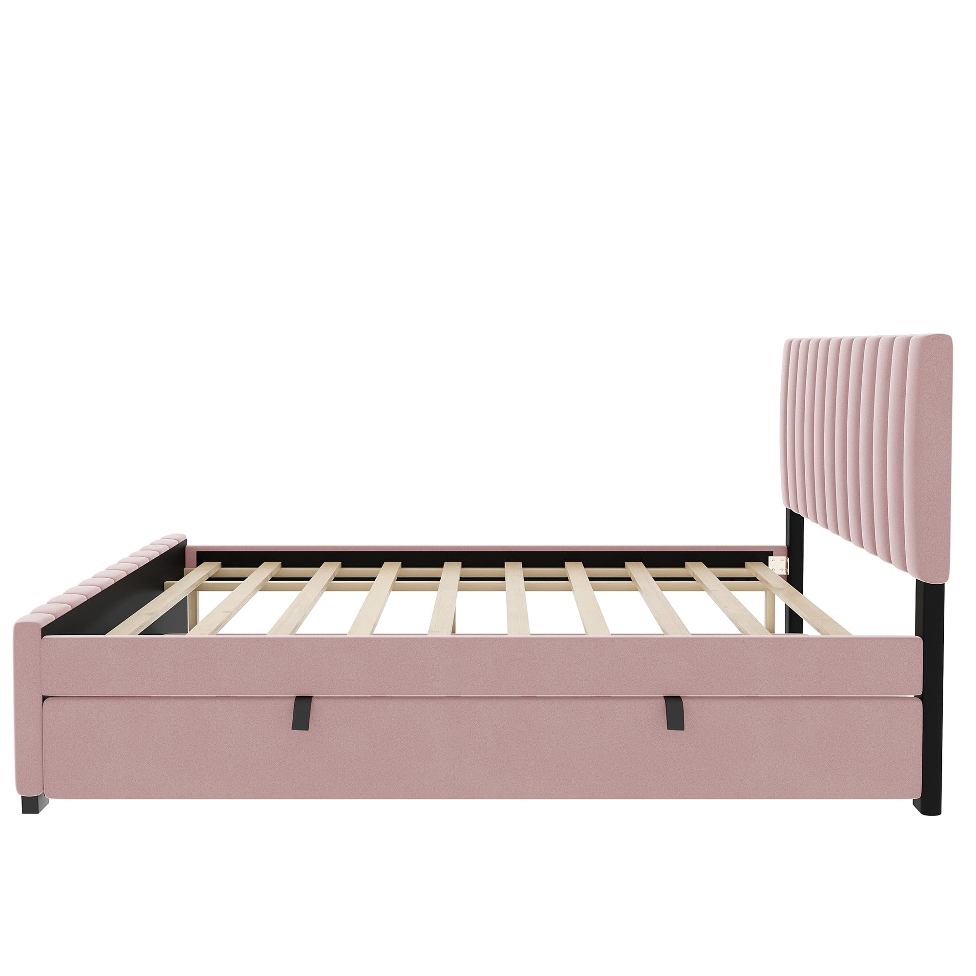 Aukfa Full Size Upholstered Platform Bed Frame with Twin Size Trundle for Bedroom,Guestroom, Pink