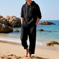 thumbnail image 2 of IWRICH Men's 2 Pieces Linen Set Casual Long Sleeve Button down Hoodies Beach Loose Fir Pants Summer Outfits Black S, 2 of 9