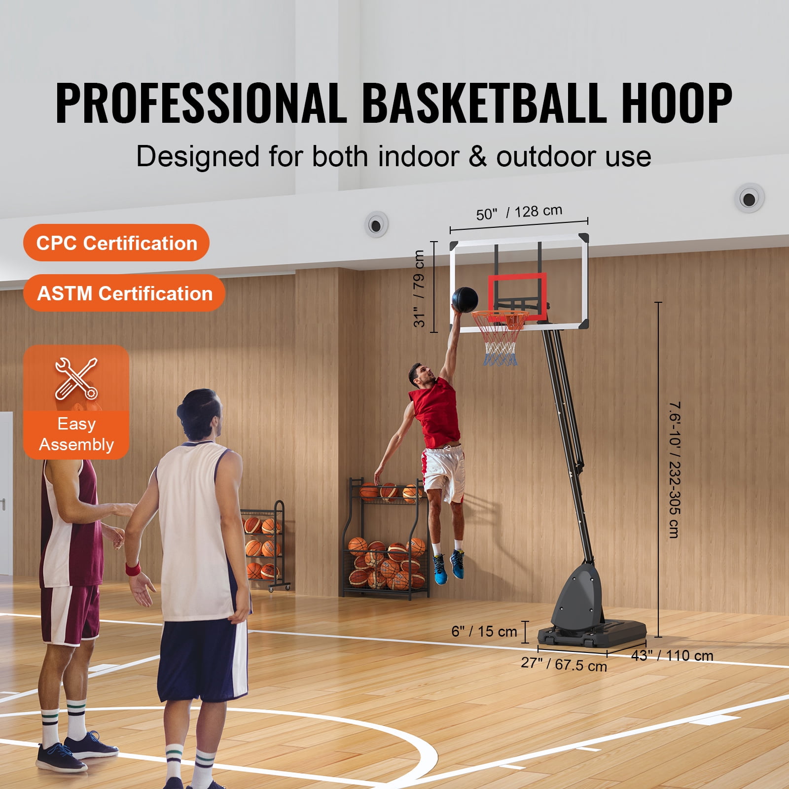 KFFKFF 50" Portable Basketball System, 7.6 to 10 ft Height Basketball Hoop & Goal for Children & Adults, Comes with PC Backboard, Wheels, Stand, and Loadable Base