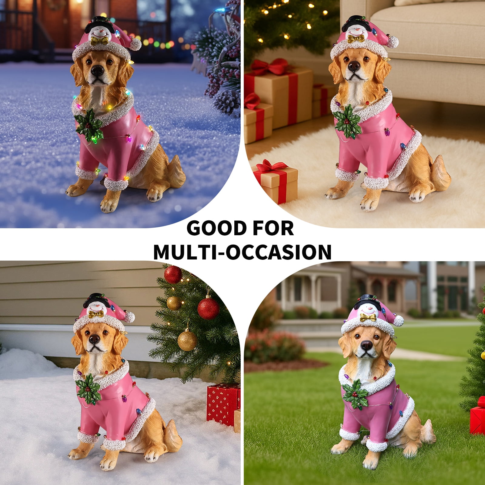 Golden Retriever Pink Santa Outfit Christmas Dog Statue with Santa Hat Holiday Tabletop Decor