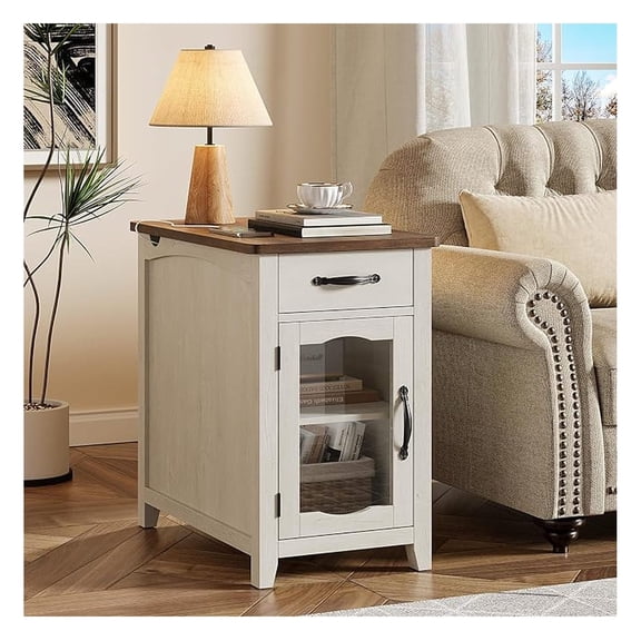 End Table with Charging Station, Narrow Side Table for Living Room, Farmhouse Night Stand with Drawer and Storage Cabinet, Wooden Bedside Table for Small Spaces Living Room, Glass Door (White)