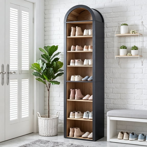 Tall Narrow Arched Bookshelf, 8-Tier Skinny Arch Bookcase for Small Space, Freestanding Storage Organizer with Adjustable Shelves, Open Display Shelves for Living Room, Entryway (Black)