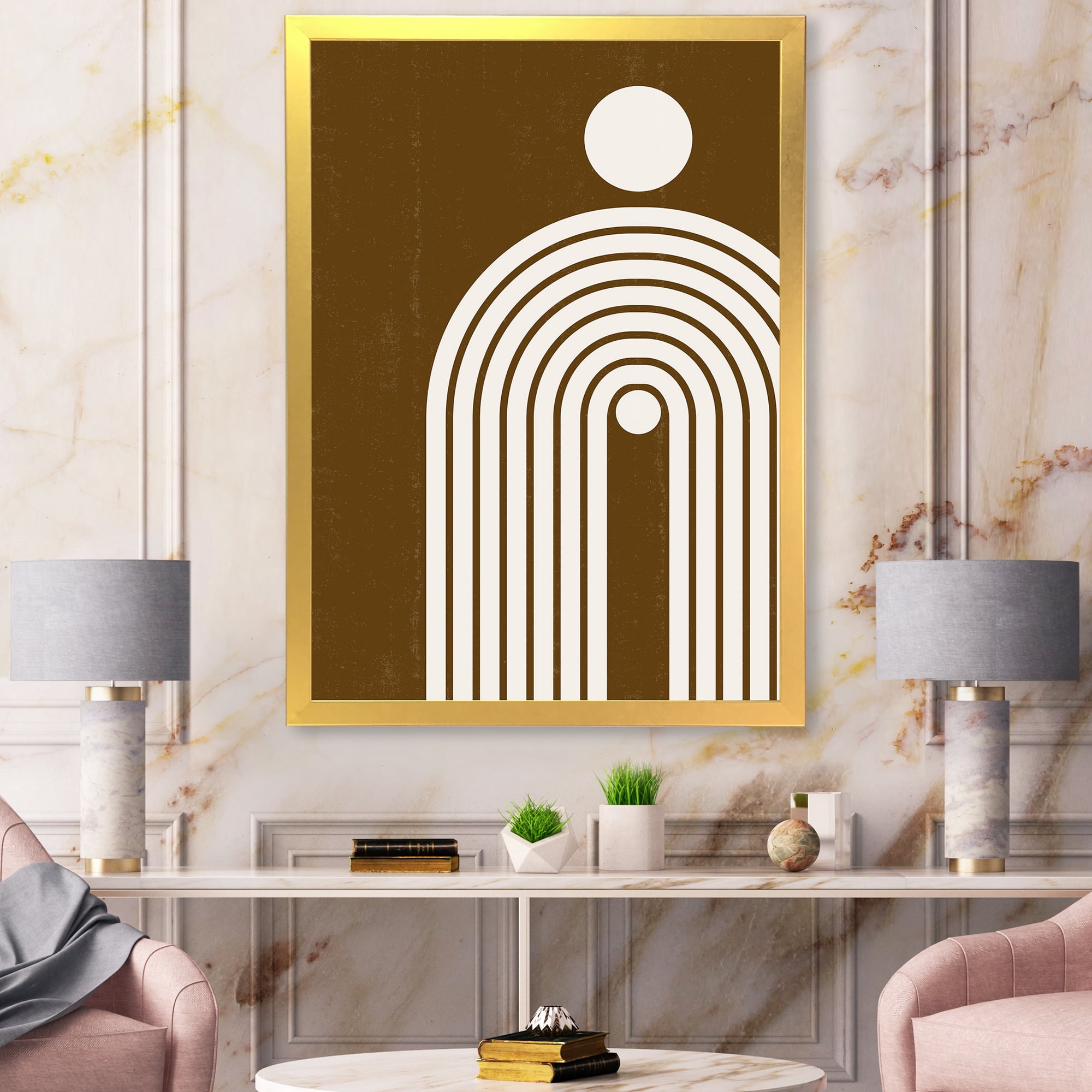 Designart 'Terracotta Minimalist Boho Rainbow With Sun' Modern Framed Art Print