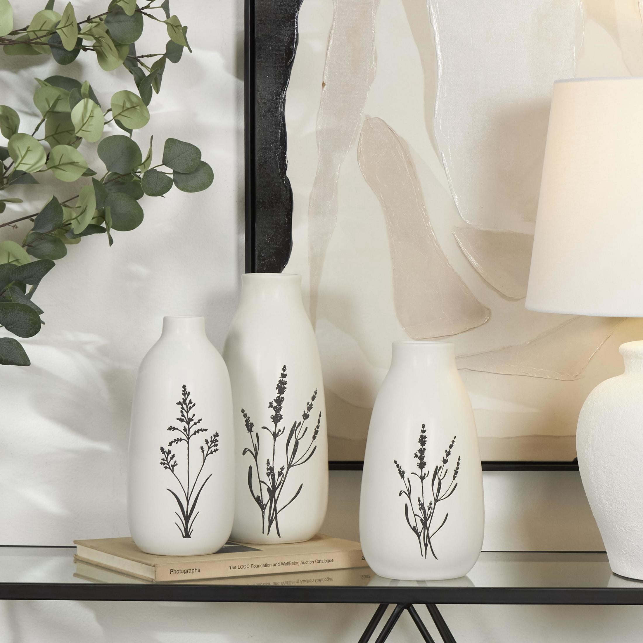DecMode 13", 11", 12"H Floral White Ceramic Vase with Black Lavender Prints, Set of 3