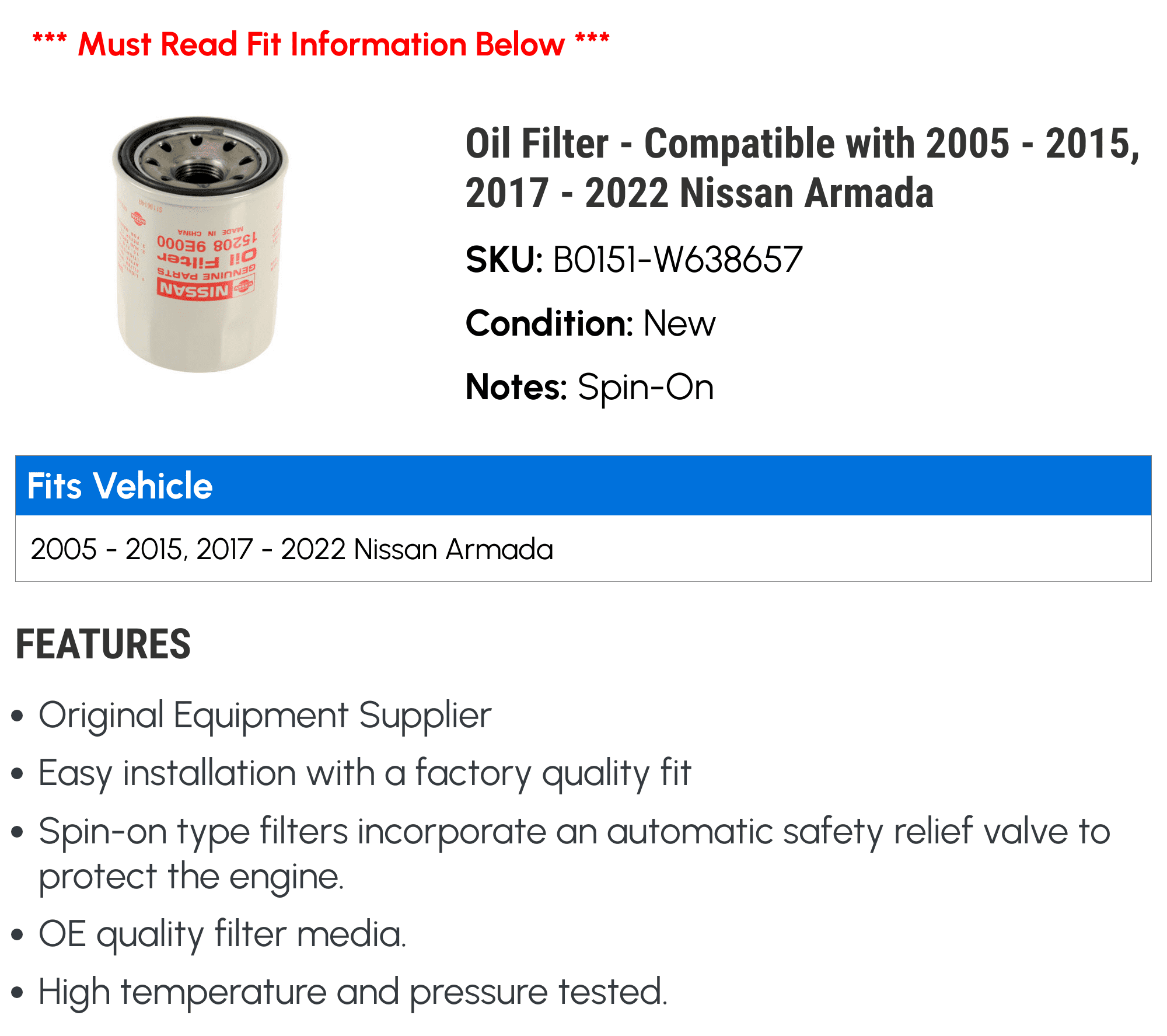 Oil Filter Compatible with 2005 2015 2017 2022 Nissan