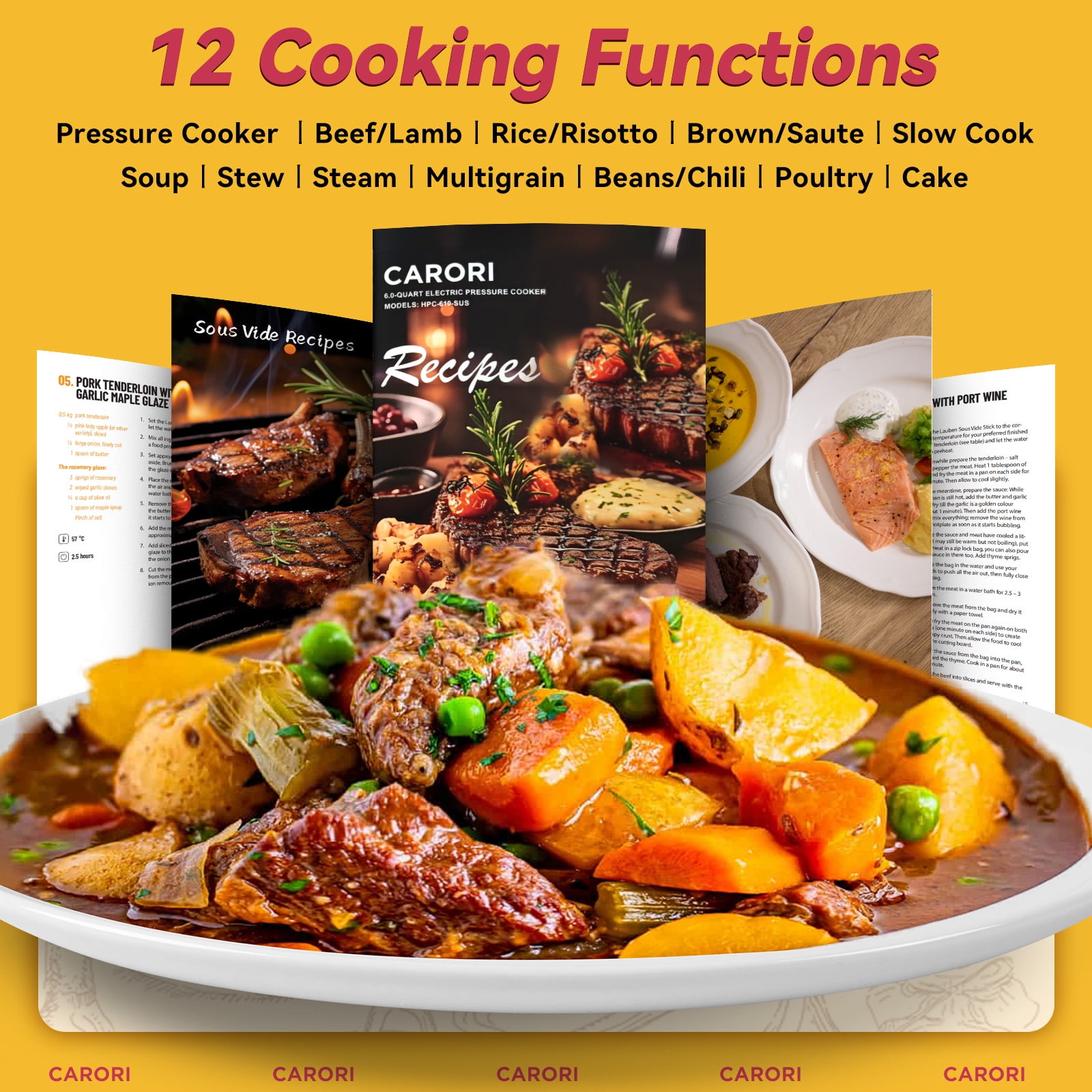 CARORI 9-in-1 Electric Pressure Cooker 6 Quart Black, Stainless Steel Pot, 12 Preset Functions with Touchscreen, Safe Steam Release, Stew, Slow Cook, Rice, Sauté, Warmer