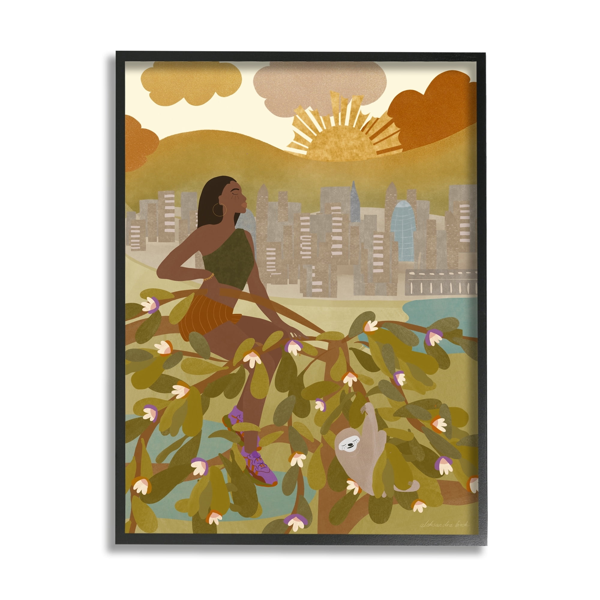 Stupell Industries Woman Sitting in Tree Sloth Animal City Buildings Graphic Art Gray Framed Art Print Wall Art, 16x20, by Birch&Ink