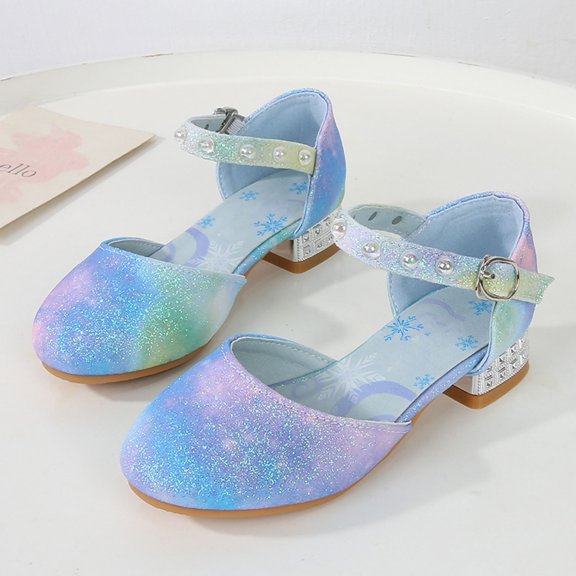 Krdevn Closed Toe Low Block Heel Ankle Strap Glitter Rhinestone Bow Dress Party Sandals (Little Girls, Big Girls),12.5