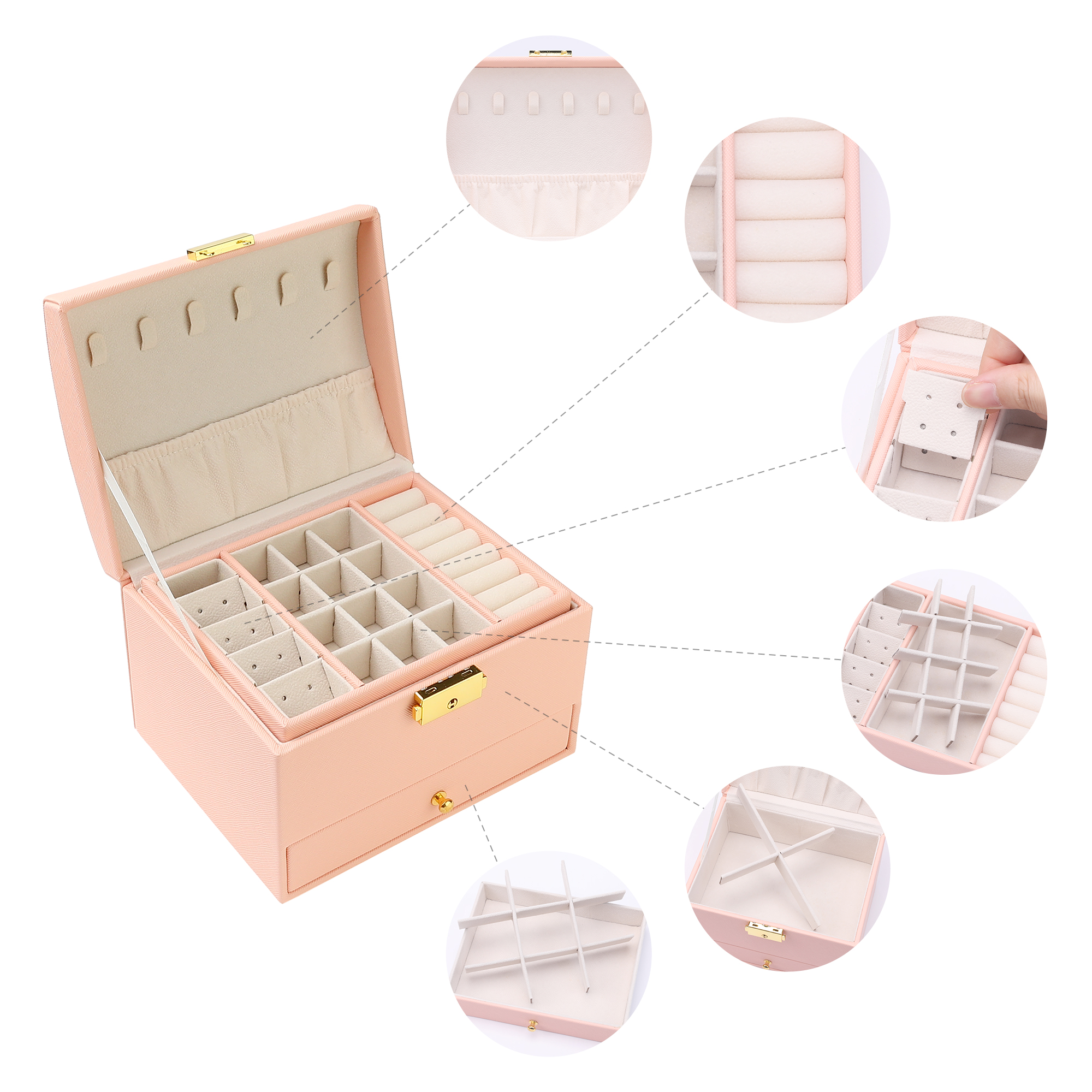 Unique Bargains 3 Layer Jewelry Box PU Leather Jewelry Organizer Case Storage Holder Pink