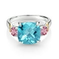 thumbnail image 2 of Gem Stone King 925 Silver and 10K Yellow Gold Swiss Blue Topaz and Pink Lab Grown Diamond 3 Stone Ring for Women (4.55 Cttw, Gemstone Birthstone, Cushion Checkerboard 10MM, Size 6), 2 of 3
