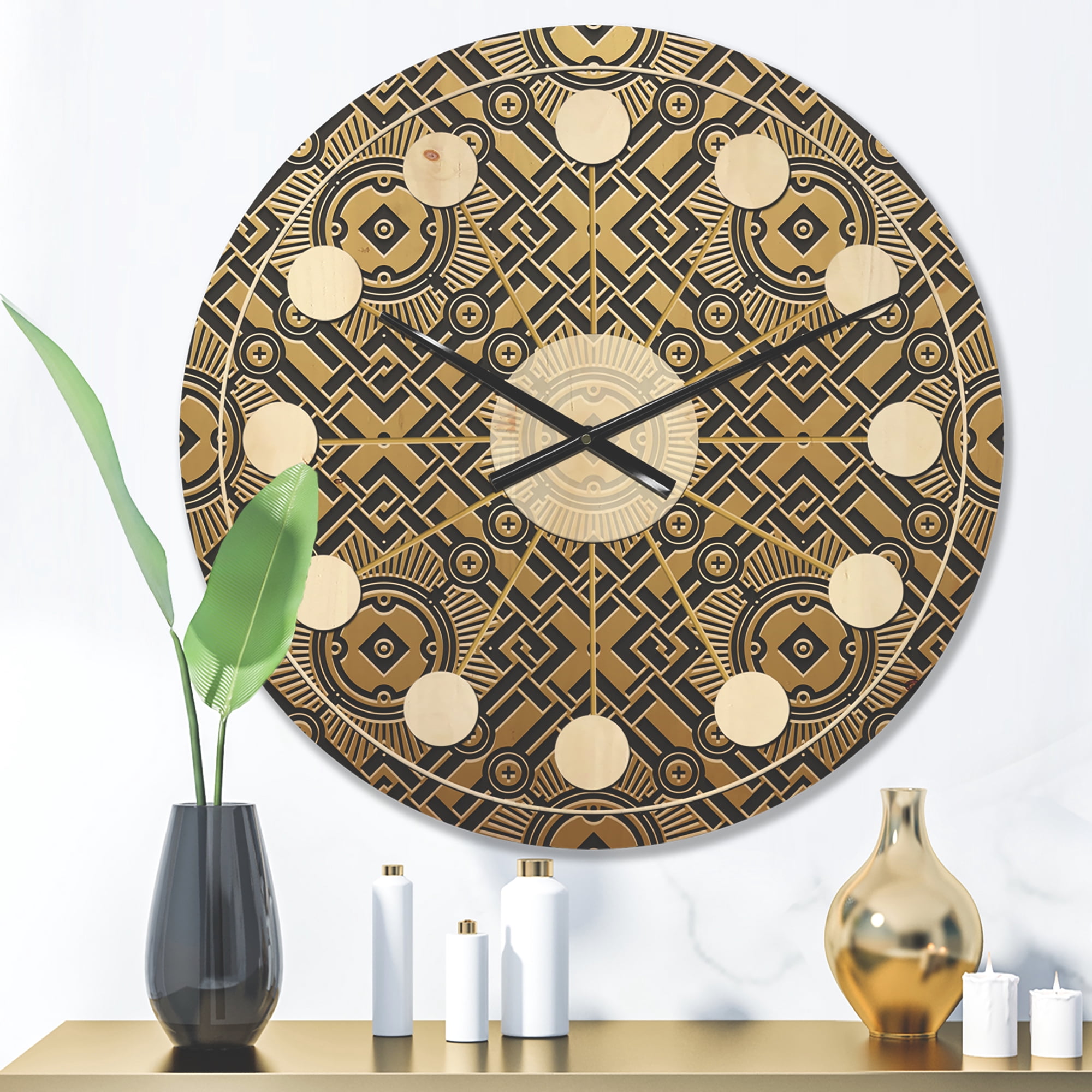 Designart 'Metallic Golden Luxury Geometrics XII XX' Mid-Century Modern Wood Wall Clock