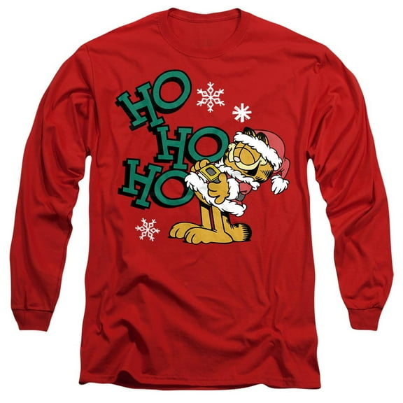 Garfield Ho Ho Ho Christmas Unisex Adult Long-Sleeve T Shirt, Red, Large