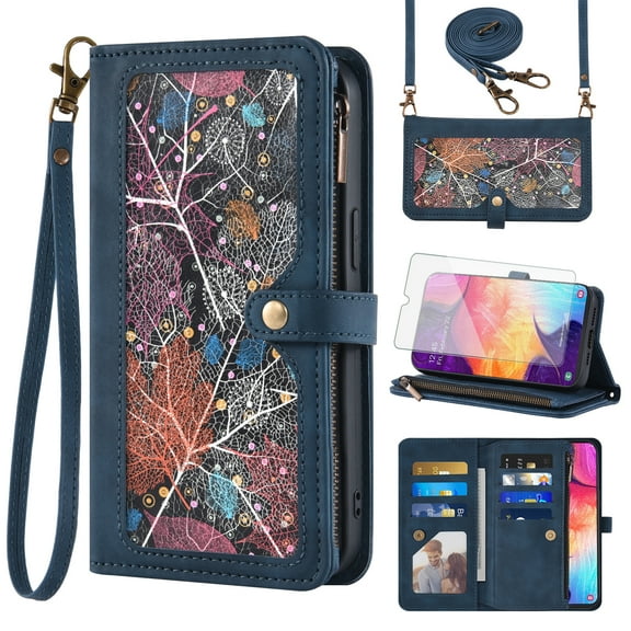 Asuwish Phone Case for Samsung Galaxy A50 A50S A30S Wallet Cover With Tempered Glass Screen Protector Crossbody Wrist Strap Flip Pattern Zipper Card Holder Cell A 50 50S 30S S50 50A SM A505G Men Blue