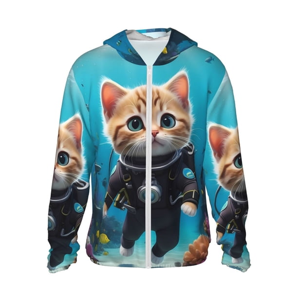 Balery Underwater Diving Cat Sudadera ligera de manga larga con capucha y protección solar UPF 50+ para hombre y mujer, ideal para pesca y running-XX-Large