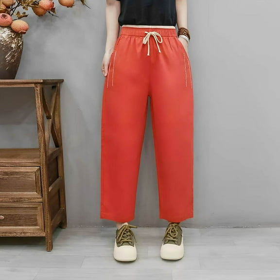 Mifsaly Women Linen Pant High Wasited Wide Leg Harem Pants Drawstring Elastic Waist Baggy Work Trousers with Pockets Trendy Spring Summer Clothes