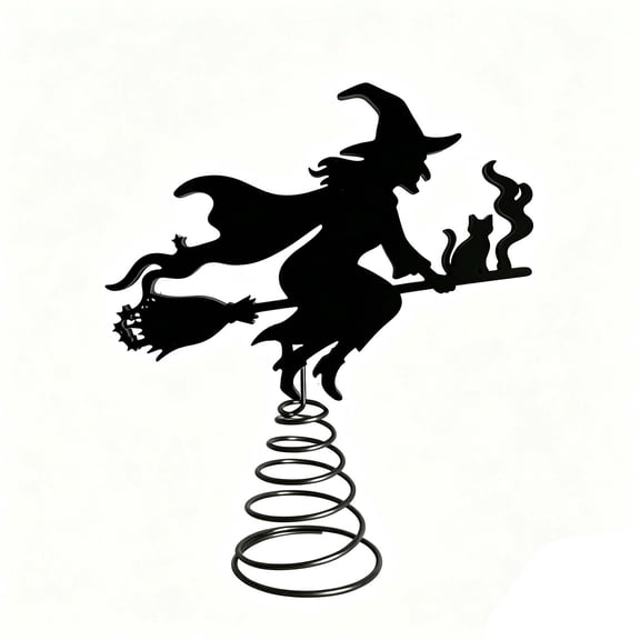 Halloween Witch Tree Topper, Black Iron Cutout With Spring Coil Base for Mini Tree, Mantel and Shelf Decor