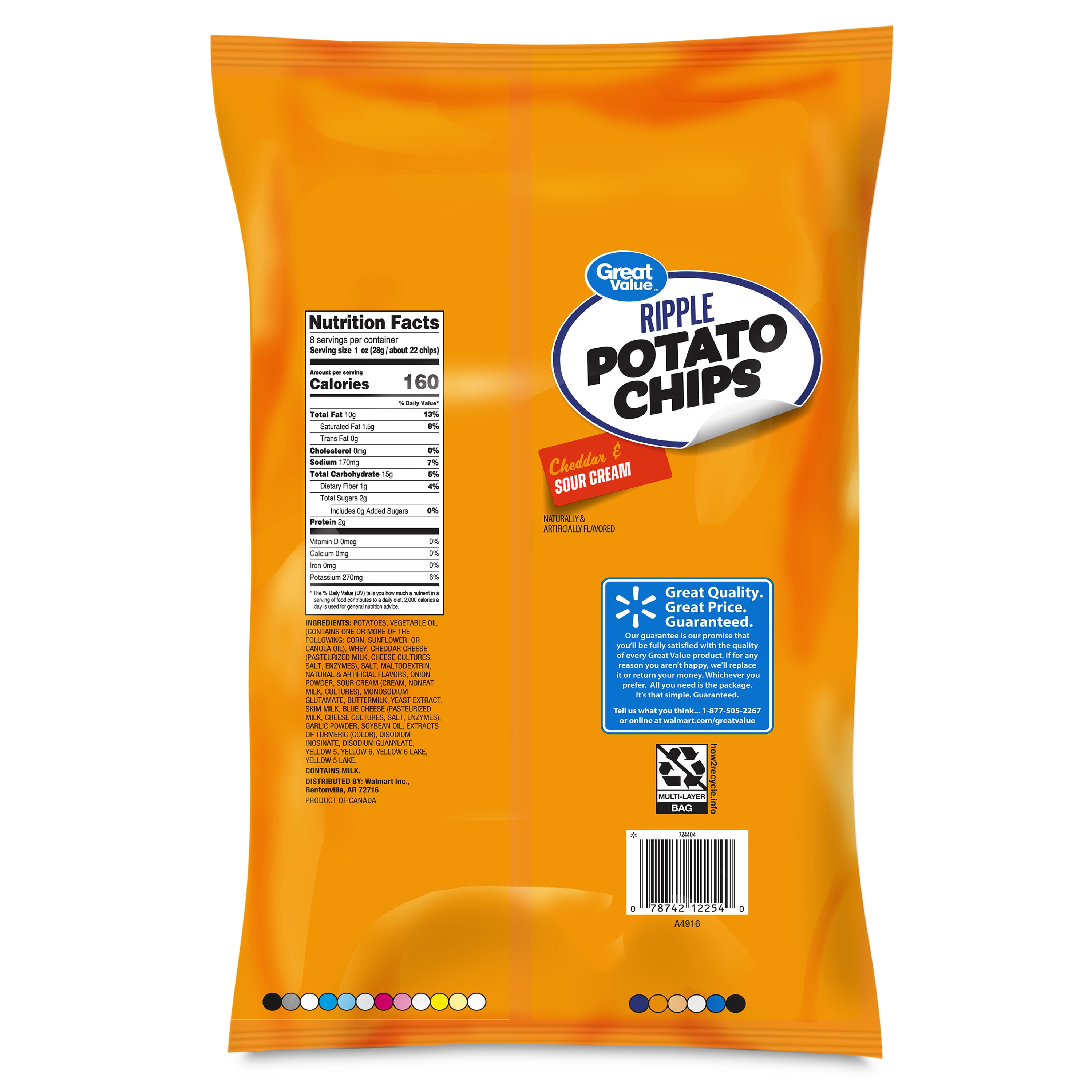 Great Value Rippled Cheddar & Sour Cream Potato Chips, 8 oz Bag