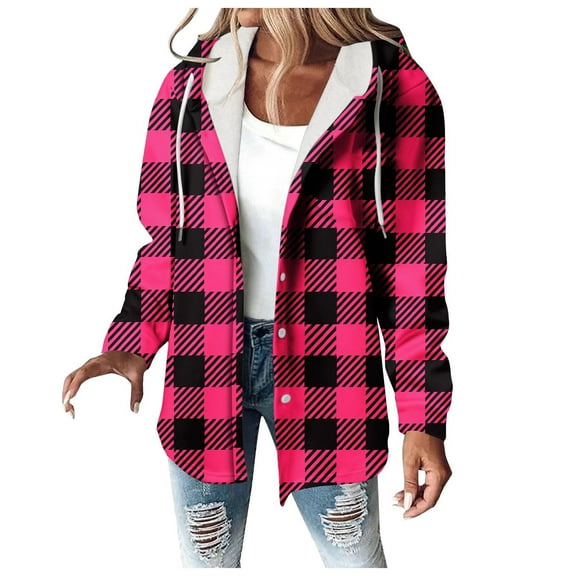 Women Button-up Plaid Shirt Jackets, Women’s Christmas Flannel Jackets, Ladies Winter Warm Soft Fleece Drawstring Long Sleeve Hooded Sweatshirt with Pockets