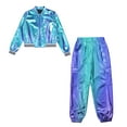 thumbnail image 3 of TSSOE Kids Boys Girls Hip Hop Jazz Dance Outfit Shiny Metallic Long Sleeve Bomber Jacket and Cargo Blue 8, 3 of 7