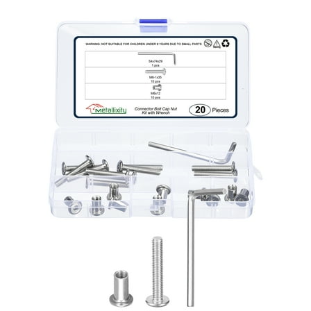 Furniture Connector Bolt Cap Nut Kit with Wrench(M6-1x35mm) 20Pcs, Connector Bolts M6 Countersunk Screw Barrel Nuts Binding Screws, for Chair Cabinet Bed, Silver