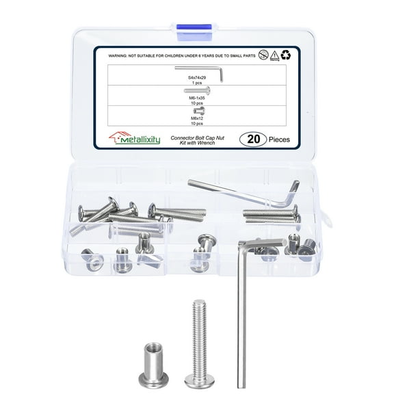 Furniture Connector Bolt Cap Nut Kit with Wrench(M6-1x35mm) 20Pcs, Connector Bolts M6 Countersunk Screw Barrel Nuts Binding Screws, for Chair Cabinet Bed, Silver