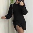 thumbnail image 2 of GigrtiJin Women Knit Mini Sweater Dress Mock Neck Long Sleeve Side Split Slim Casual Solid Color Bodycon Dresses, 2 of 8
