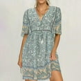thumbnail image 1 of Robes Maxi pour Femmes Style Ethnique Col en V Décontracté Manches Courtes Imprimé Dentelle Robe Manches Courtes en Liquidation, 1 of 6