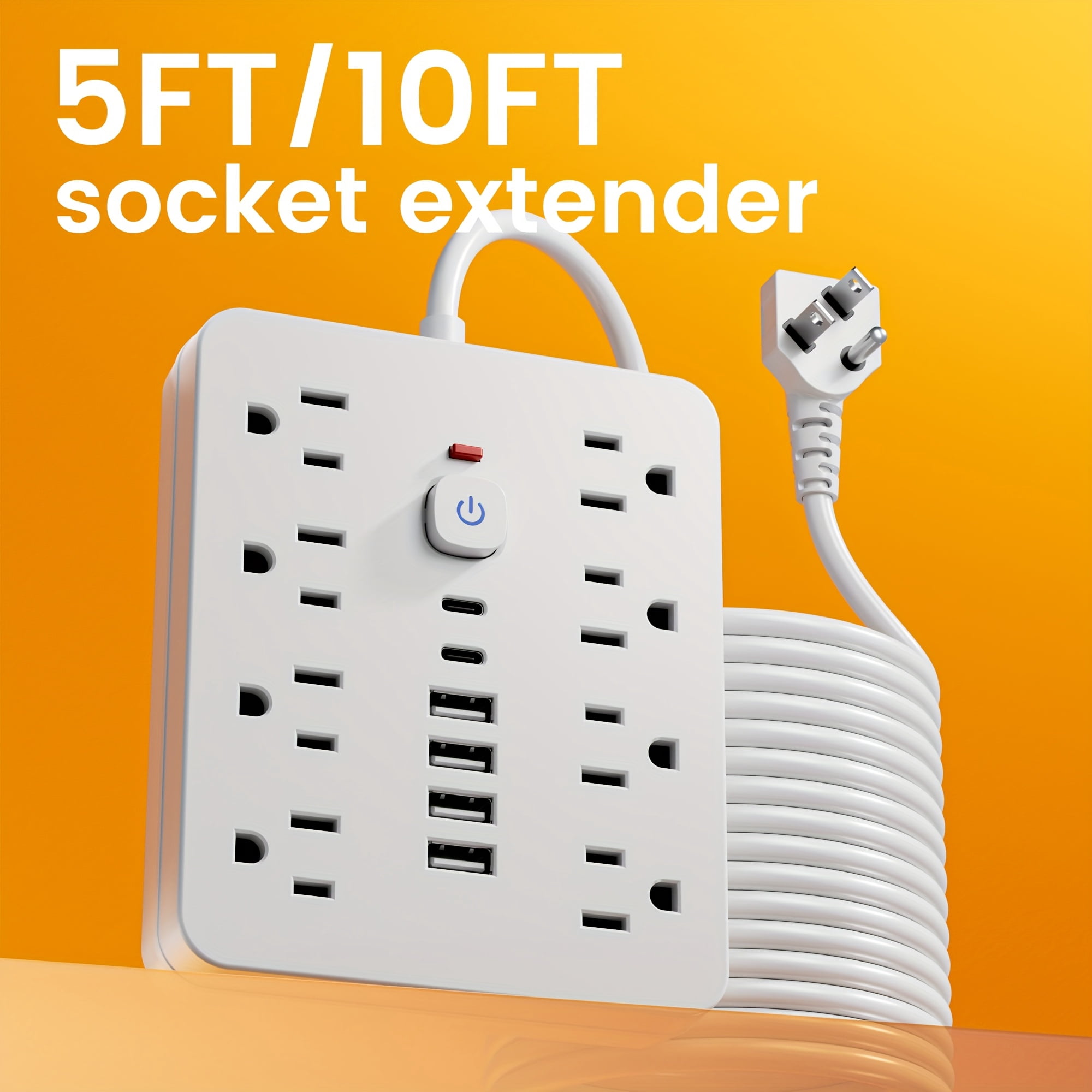 14-in-1 Power Strip: 8 AC Outlets, 6 USB Ports (2 USB-C), Surge Protector, Flat Plug, Wall Mount, Overload Protection, 5ft/10ft Cord for Home Office