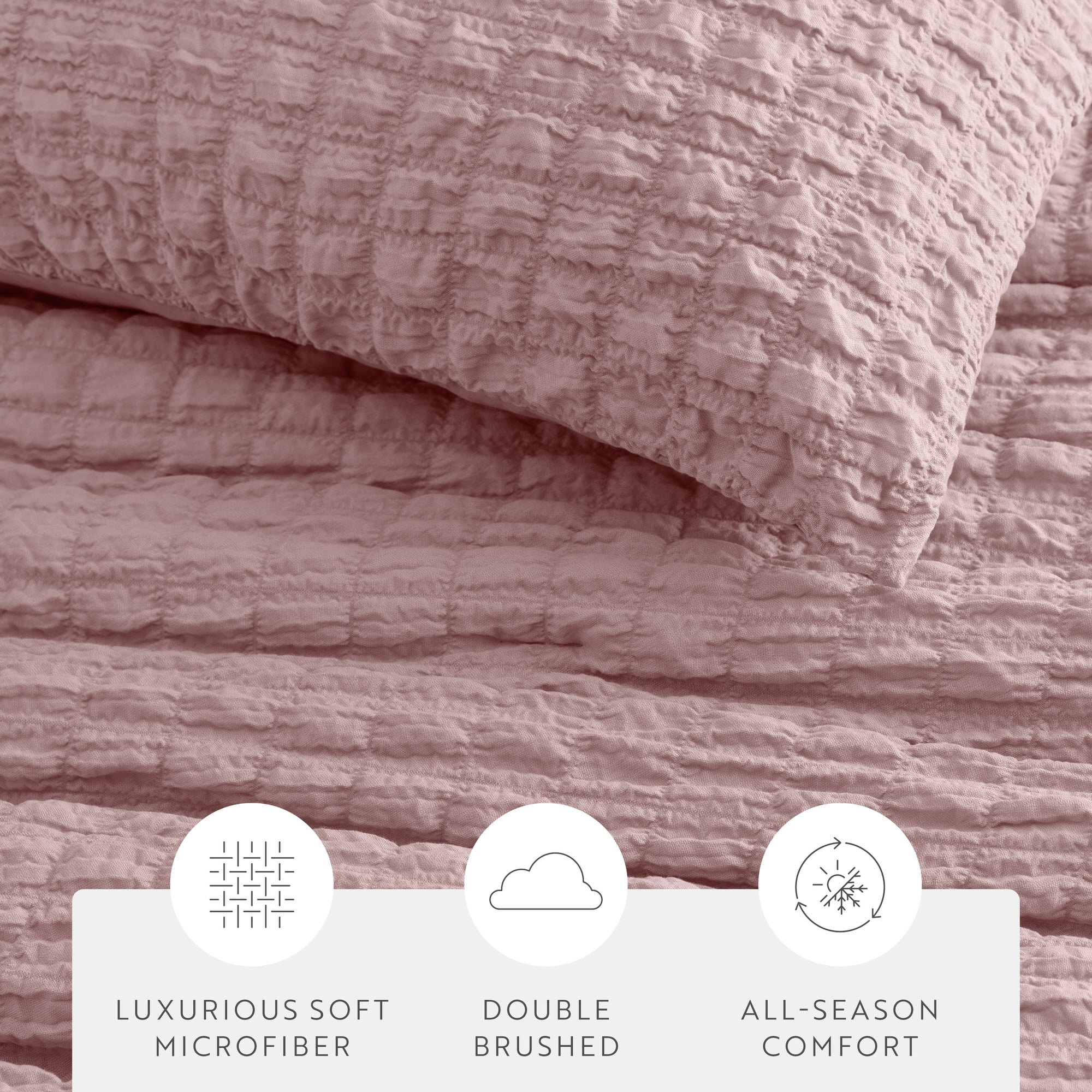 Noble Linens 3 Piece Seersucker Textured All Season Down-Alternative Comforter Set, Rose, Twin/TwinXL
