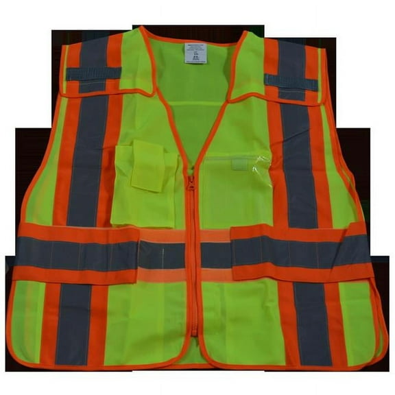 Public Safety Vest 207-2006 Lime Solid with Orange Binding 5 Point Breakaway with Non-Cloth Hook & Eye Breakaway Zipper & Expandable Side Closures, Regular Small & Extra Large