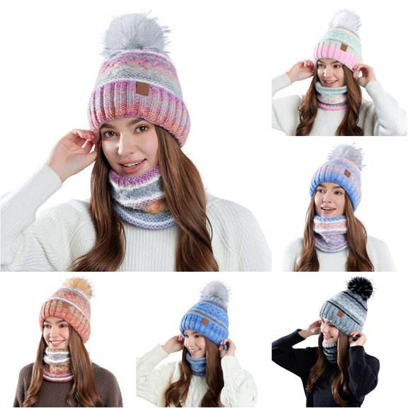 XIAOCHA Women's Fuzzy‑Pom Beanie Striped Print Outdoor Travel Neck Gaiter Fall Winter Neckwear,Purple