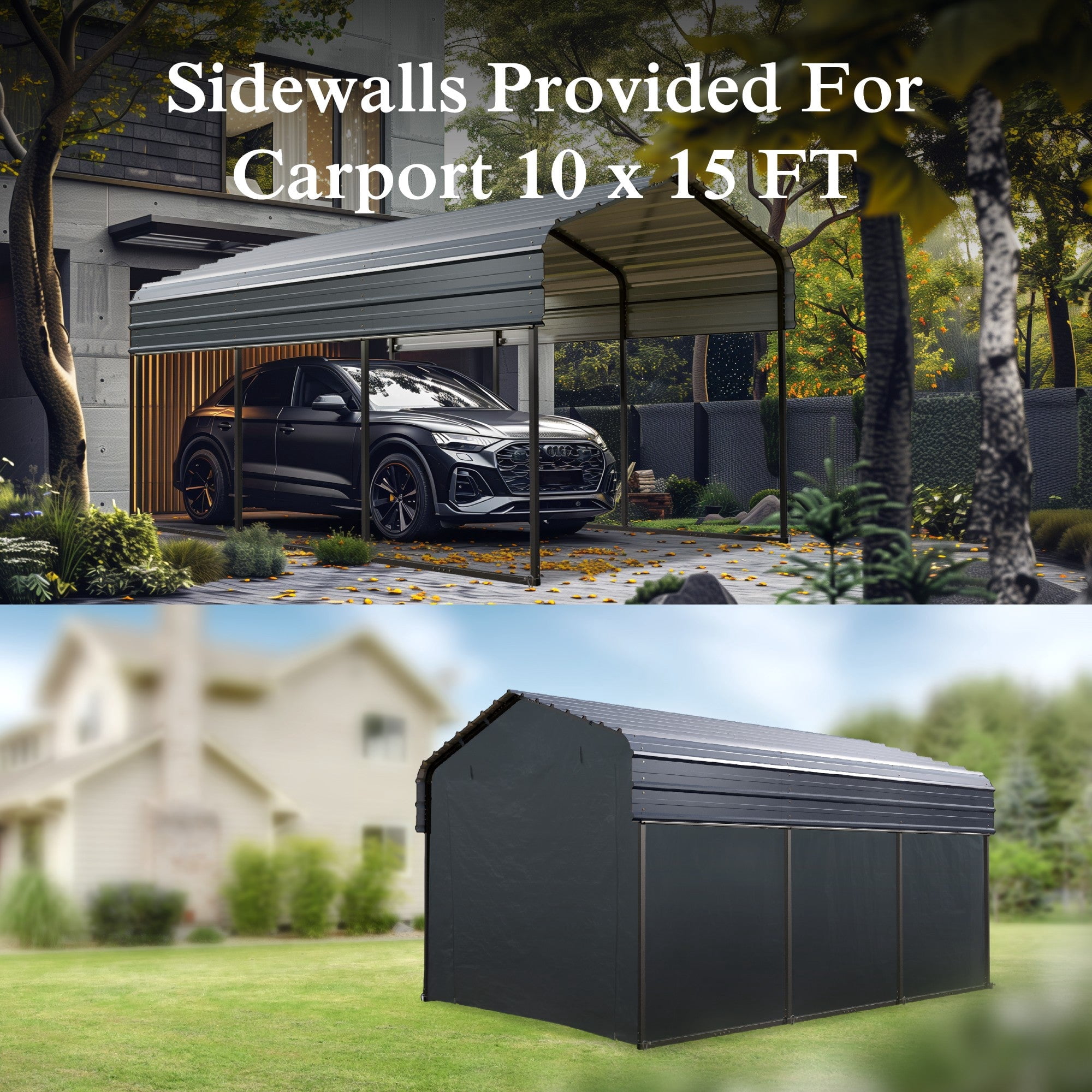 Alpha Joy 10' x 15' Heavy Duty Galvanized Steel Carport with Side Walls Multi-Purpose Storage Shelter