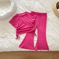 thumbnail image 2 of Ulitacool Outfits For Girls Crewneck Sportsuit Elastic Short Sleeve Top Flared Pants Solid Color Two Piece Sweatsuit Lightweight Wear Hot Pink 2-3 Years, 2 of 3