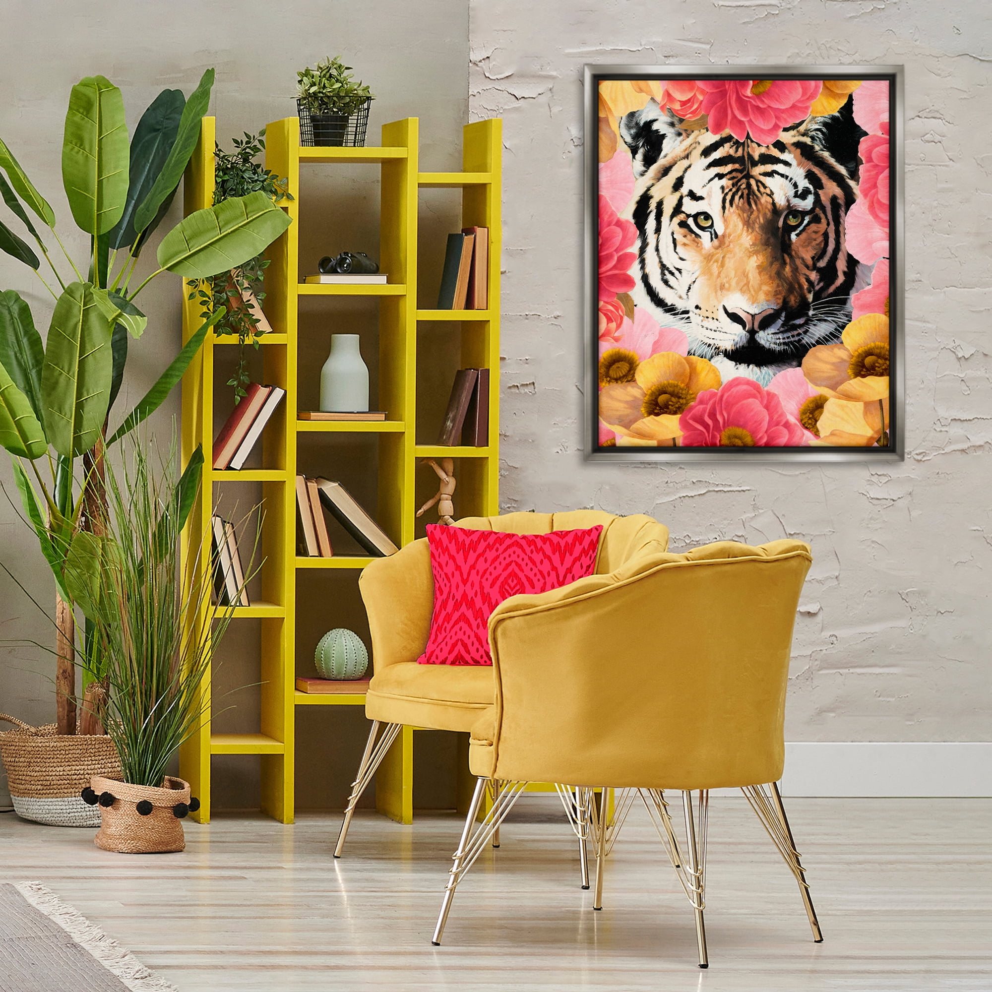 Stupell Industries Tiger on Dahlia Florals Animals Painting Gray Floater Framed Canvas Art Print Wall Art, 25 x 31