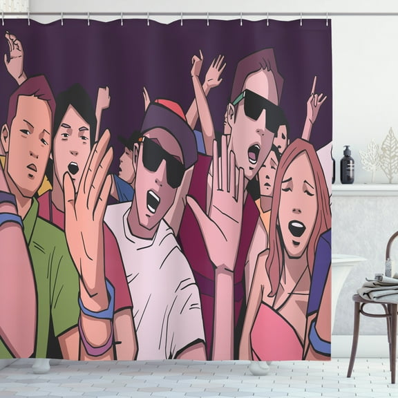 Rave Shower Curtain, Music Festival Cartoon Drawings Concert People with Funky Cute Outfits and Sunglasses, Fabric Bathroom Set with Hooks, 69"WX70"L, Multicolor, by Ambesonne