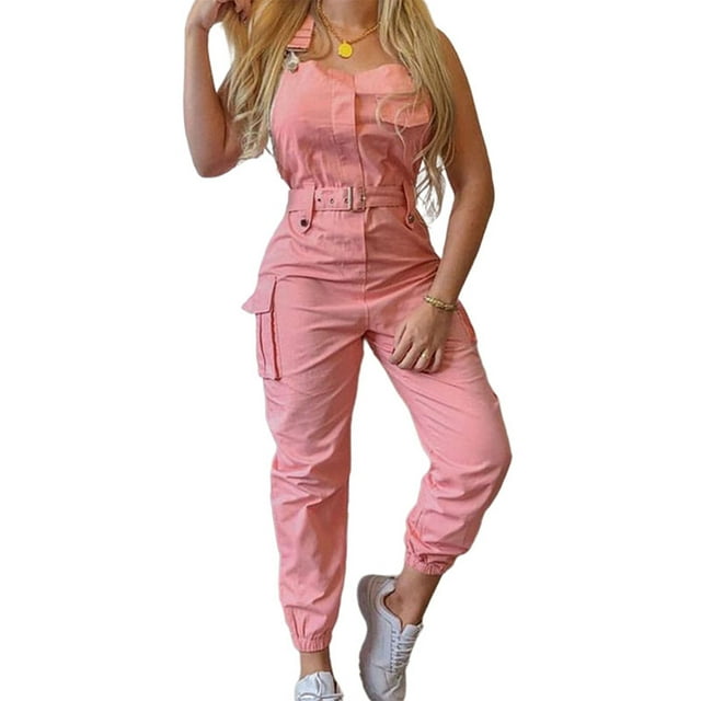Innerwin Jumpsuits Sleeveless Women Long Pants Summer With Pockets Solid Color Romper Pink L