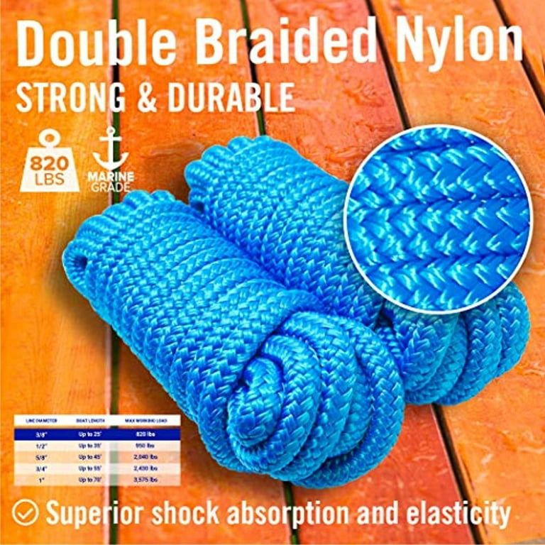 Dock Lines Boat Ropes for Docking 3/8 Line Braided Mooring Marine Rope  15FT Nylon Rope Boat Dock Lines for Docking Boat Lines Boating Rope Braided  15' Feet with Loop Blue 2 Pack 