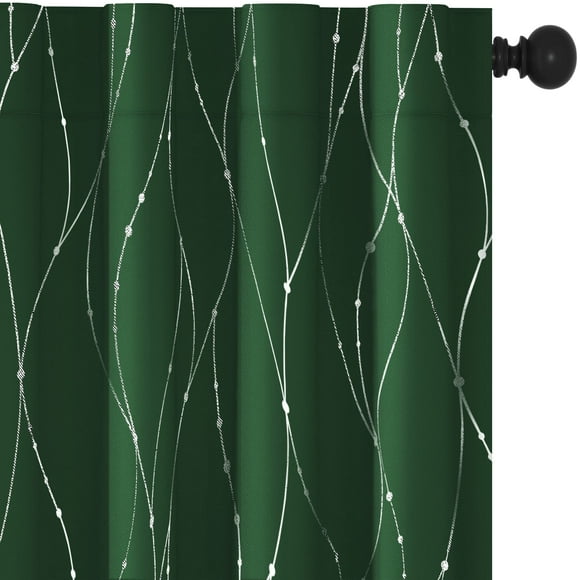 Deconovo Christmas Back Tab and Rod Pocket Curtains for Home Decoration, 54 Inch Long, 2 Panels - Thermal Insulated Curtains, Wave Line and Dots Pattern (52 x 54 Inch, Dark Forest Green, Set of 2)