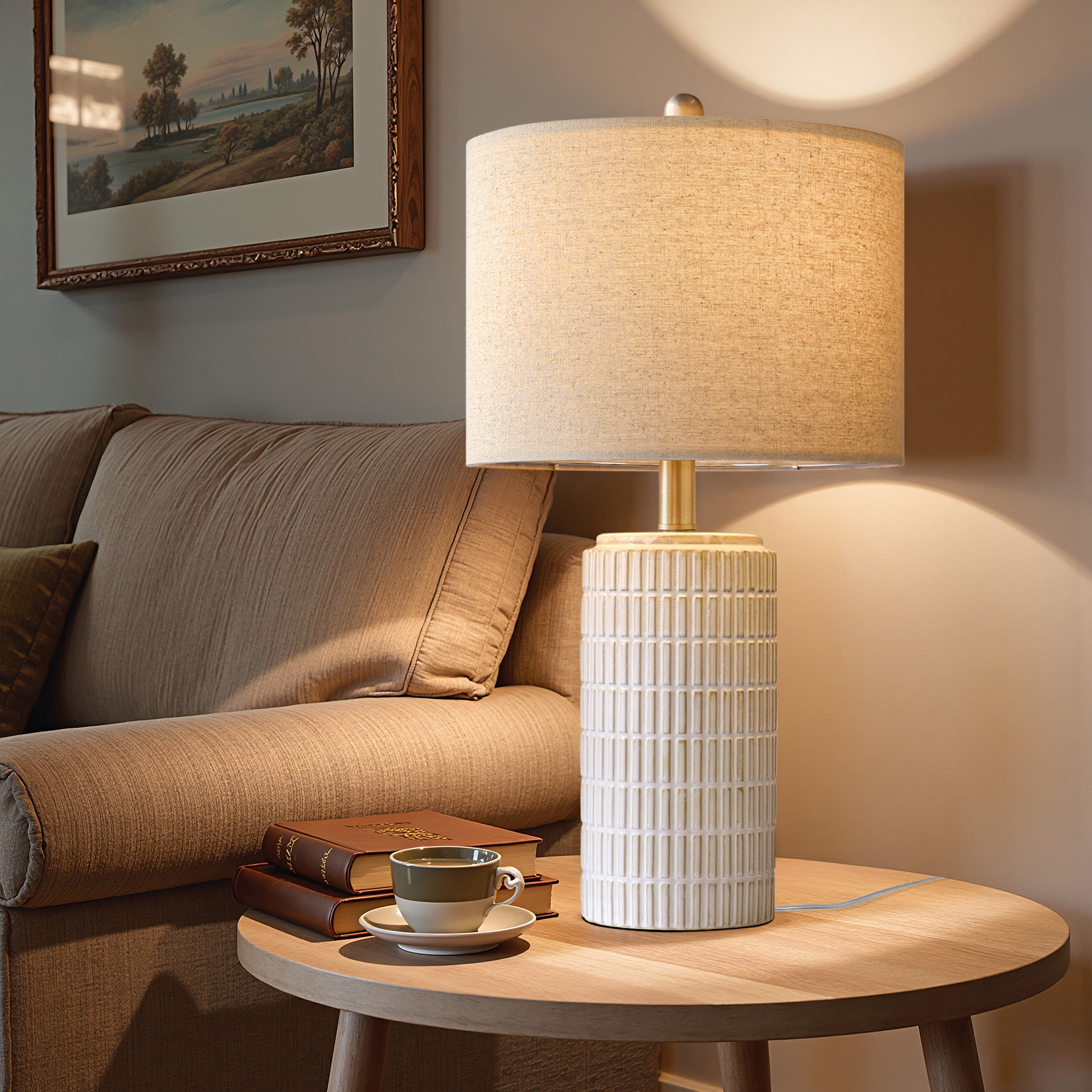 Oneach White Ceramic Table Lamps Set of 2 for Living Room Bedroom 23" Rustic Bedside Nightstand Lamps with Linen Lamp Shades