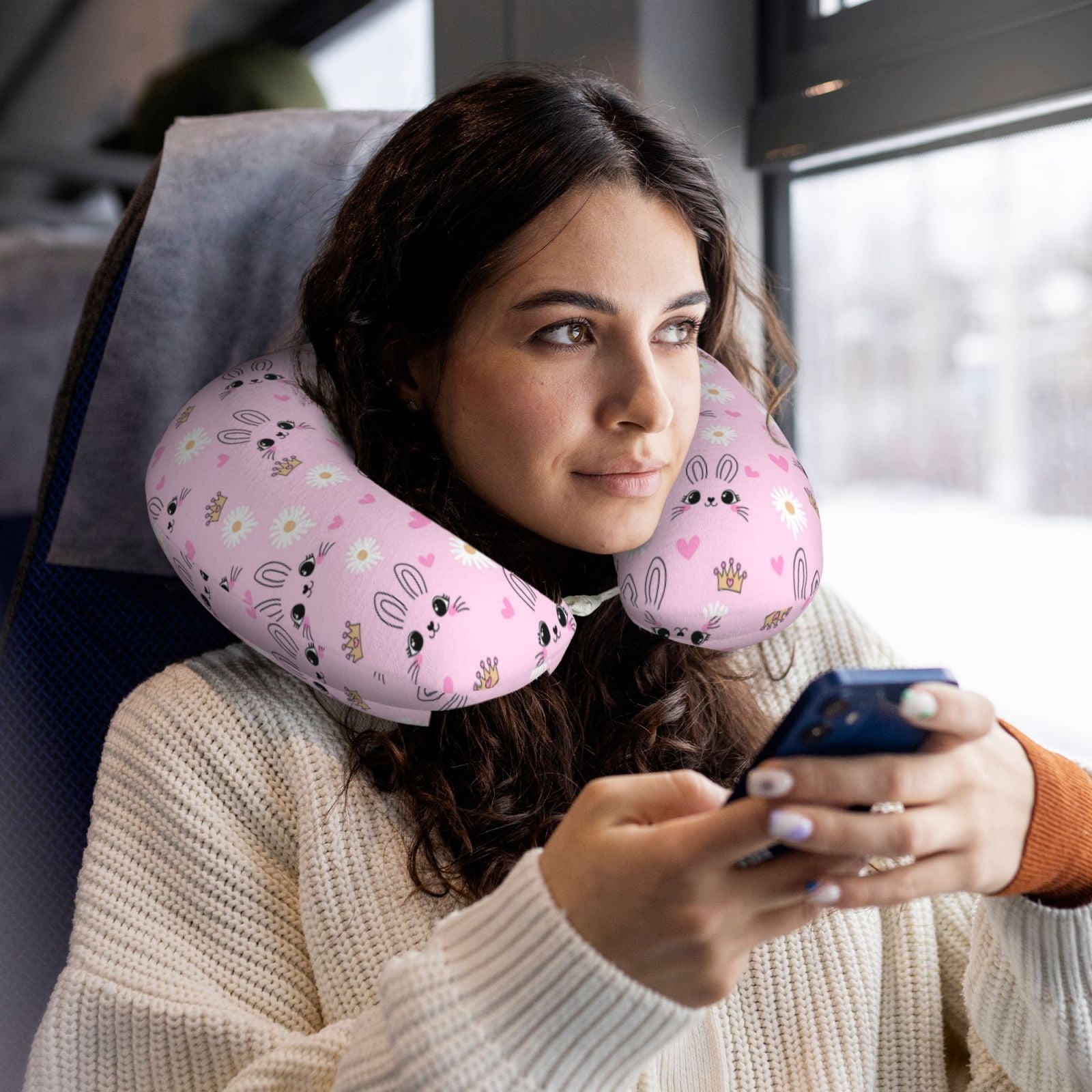 Xecao Rabbit Face Print Memory Foam Cervical Neck Pillow Versatile U-Shaped Pillows for Home,Office,Camping,Travelling,Soft Washable Cover