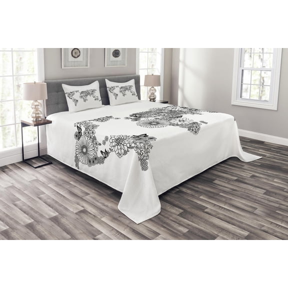 Ambesonne Earth Quilted Bedspread Set 3 Pcs, Butterfly Petals, King Size, Black White