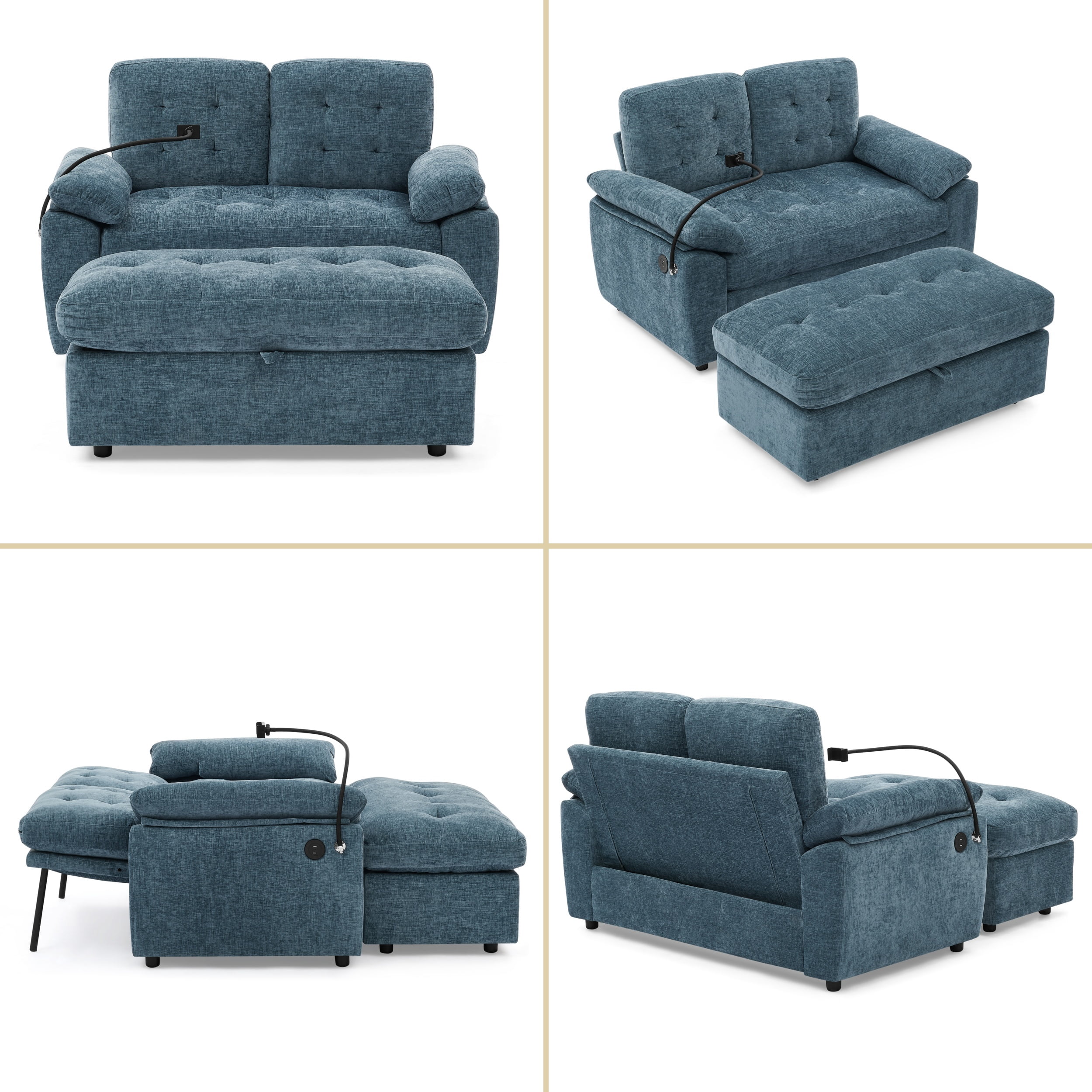 2PCS Double Leisure Sofa Chair w/ Storage Ottoman, Sofa Chaise Recliner w/ Adjustable Backrest, Padded Armchair Set w/ Phone Holder