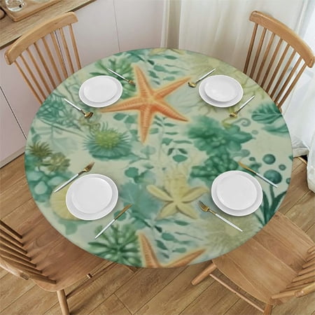 HAOXIT Coastal Starfish Tablecloth Beach Nautical Themed Ocean Seashell Green Coral Seaweed Summer Print Table Cover for Home Dining Room Kitchen Decor Round 46-50