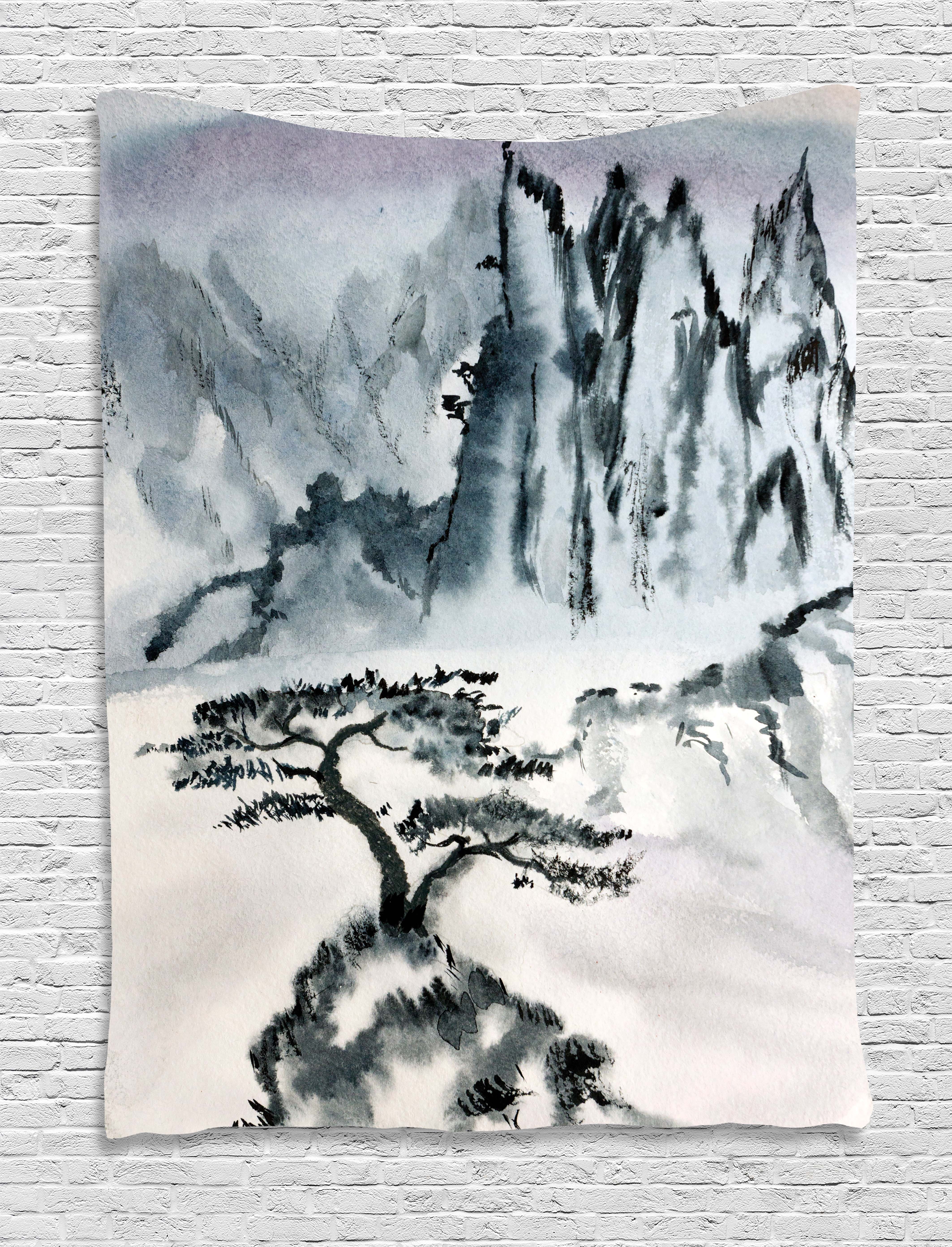 Landscape Tapestry, Chinese Mountain with Lonely Pine Tree Traditional 