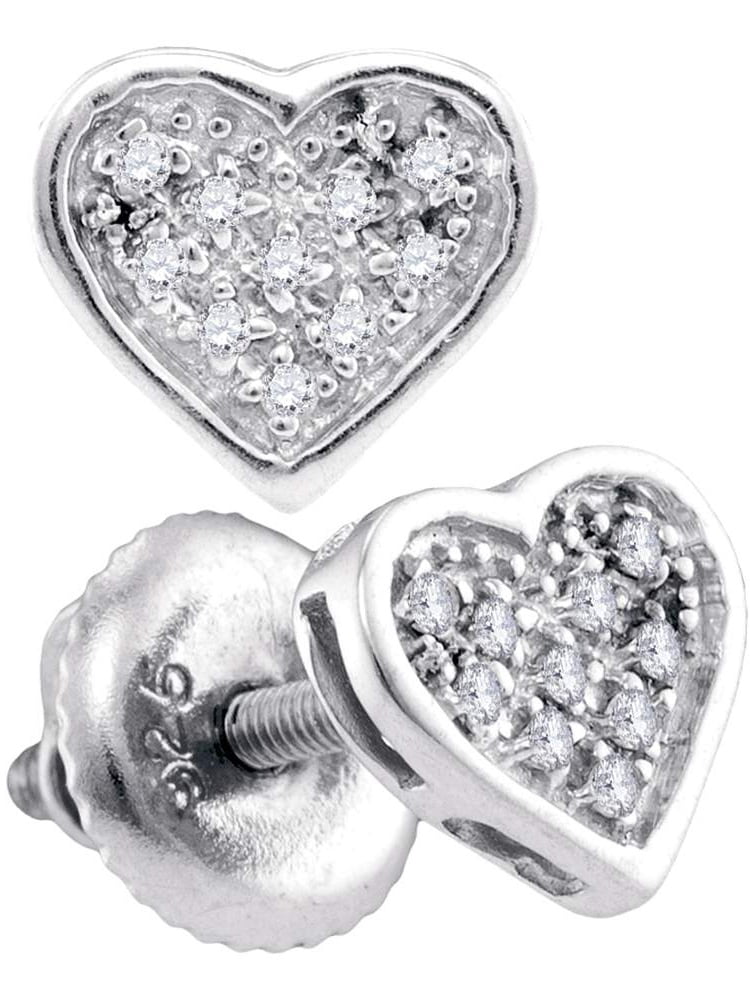 Sterling Silver Diamond Concave Heart Screwback Stud Earrings 1/20 Ctw