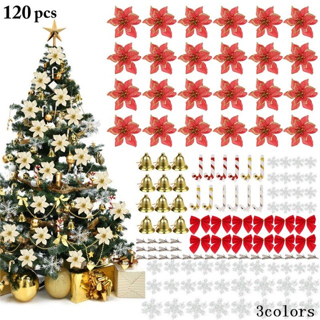 Adornos para árboles de Navidad con purpurina, flores artificiales, bolas de Navidad colgantes, copo de nieve, cebada, estrella de azúcar, adornos para árboles de Navidad rojos ER