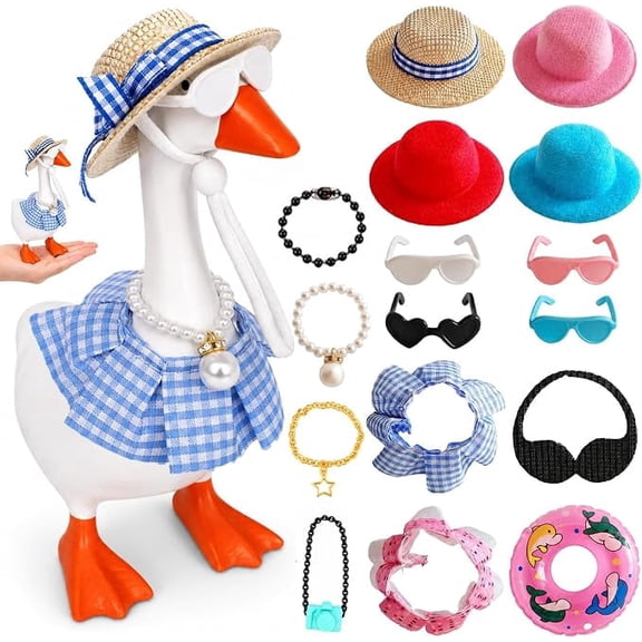 SKYKENKP 7" Mini Desk Goose Outfits Set - 16 Pieces Include Hat, Necklace, Dress & Sunglasses, Cute Costume for Office Desk Bookshelf Decor, Great Gift for Housewarming Birthday Holiday